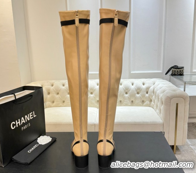 Shop Duplicate Chanel Stretch Lambskin Thigh High Boots 5cm with Bow Beige 2025 G46757 1104020