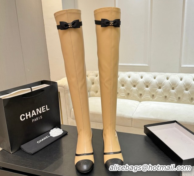Shop Duplicate Chanel Stretch Lambskin Thigh High Boots 5cm with Bow Beige 2025 G46757 1104020