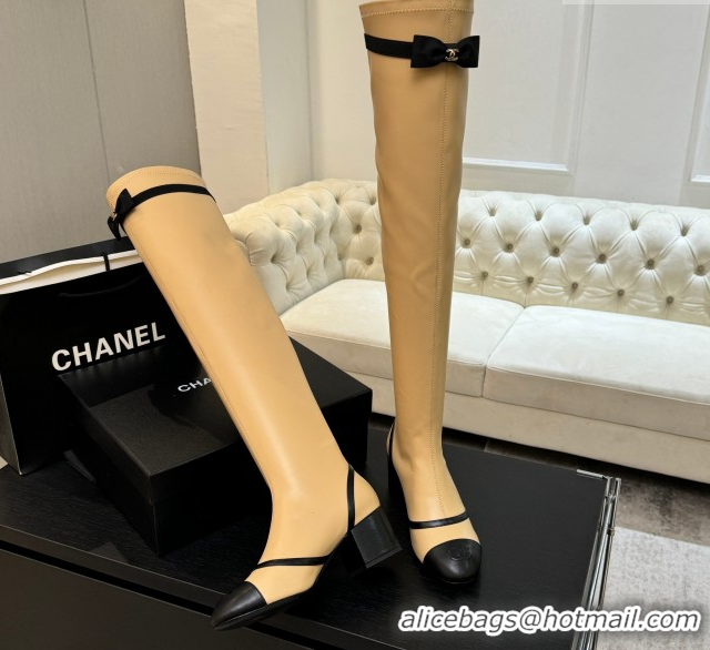 Shop Duplicate Chanel Stretch Lambskin Thigh High Boots 5cm with Bow Beige 2025 G46757 1104020