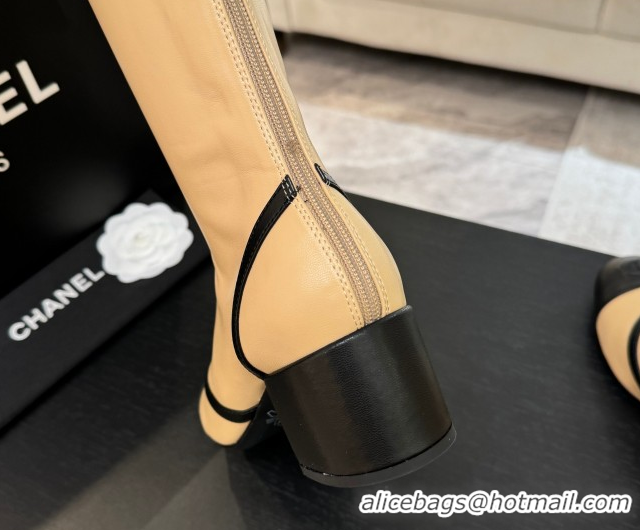 Shop Duplicate Chanel Stretch Lambskin Thigh High Boots 5cm with Bow Beige 2025 G46757 1104020