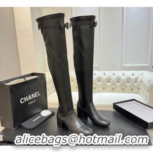Good Product Chanel Stretch Lambskin Thigh High Boots 5cm with Bow Black 2025 G46757 1104021