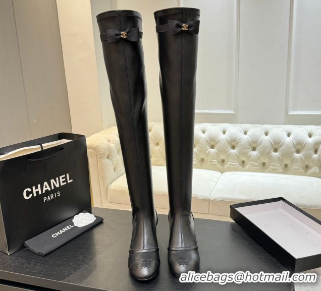 Good Product Chanel Stretch Lambskin Thigh High Boots 5cm with Bow Black 2025 G46757 1104021