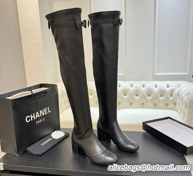 Good Product Chanel Stretch Lambskin Thigh High Boots 5cm with Bow Black 2025 G46757 1104021