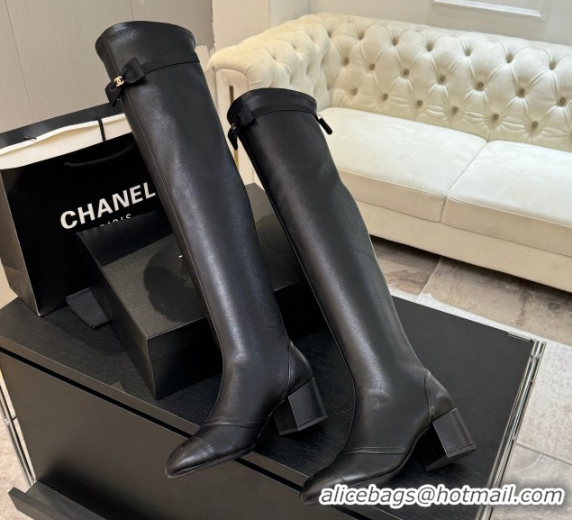 Good Product Chanel Stretch Lambskin Thigh High Boots 5cm with Bow Black 2025 G46757 1104021