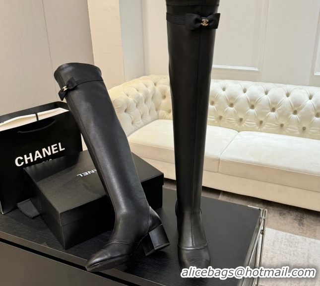 Good Product Chanel Stretch Lambskin Thigh High Boots 5cm with Bow Black 2025 G46757 1104021