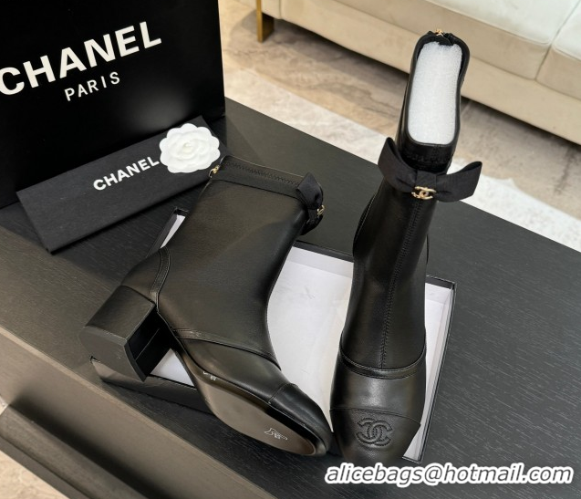 Shop Cheap Chanel Stretch Lambskin Short Boots 5cm with Bow Black 2025 G46755 1104022
