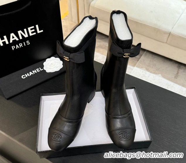 Shop Cheap Chanel Stretch Lambskin Short Boots 5cm with Bow Black 2025 G46755 1104022