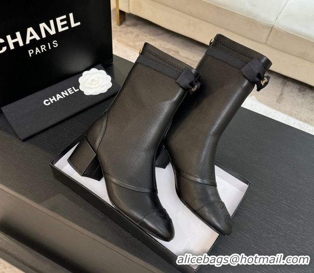 Shop Cheap Chanel Stretch Lambskin Short Boots 5cm with Bow Black 2025 G46755 1104022