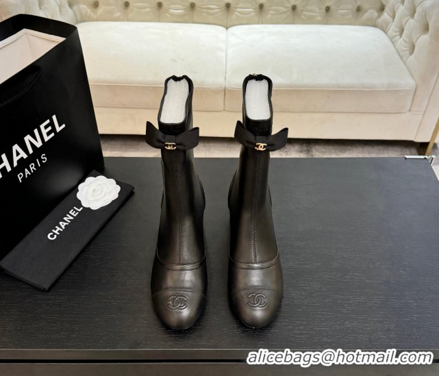 Shop Cheap Chanel Stretch Lambskin Short Boots 5cm with Bow Black 2025 G46755 1104022