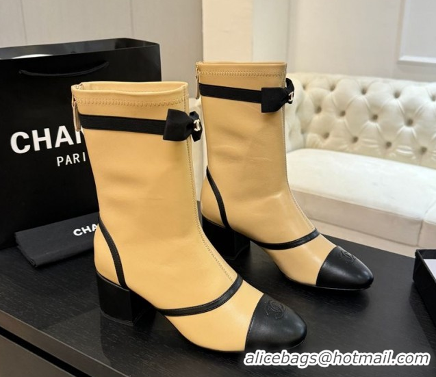 Buy Luxury Chanel Stretch Lambskin Short Boots 5cm with Bow Beige Yellow 2025 G46755 51104023