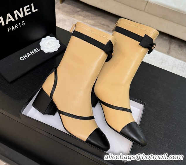 Buy Luxury Chanel Stretch Lambskin Short Boots 5cm with Bow Beige Yellow 2025 G46755 51104023