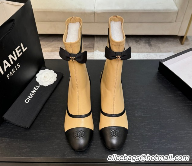 Buy Luxury Chanel Stretch Lambskin Short Boots 5cm with Bow Beige Yellow 2025 G46755 51104023