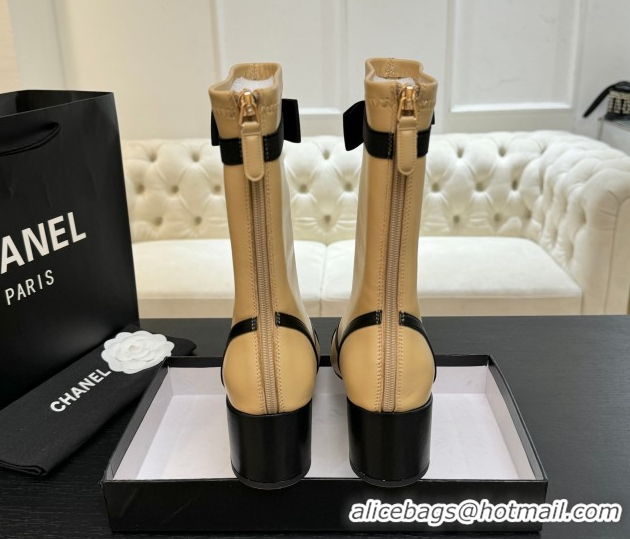 Buy Luxury Chanel Stretch Lambskin Short Boots 5cm with Bow Beige Yellow 2025 G46755 51104023