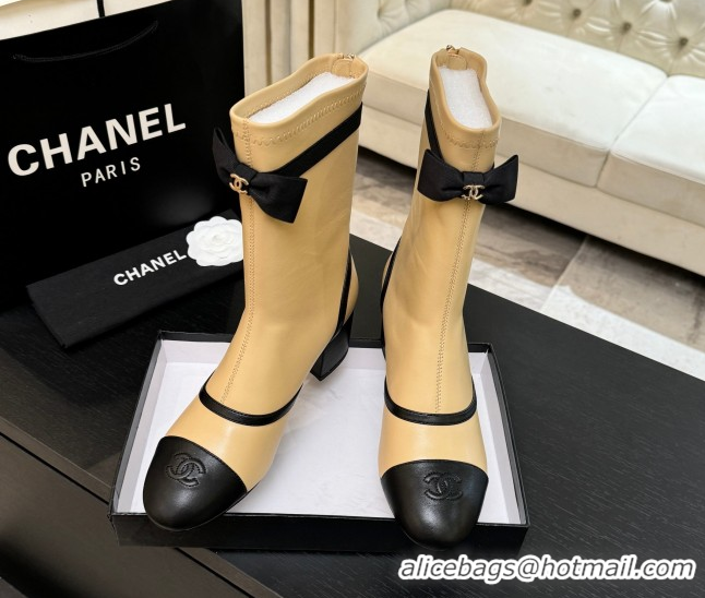 Buy Luxury Chanel Stretch Lambskin Short Boots 5cm with Bow Beige Yellow 2025 G46755 51104023