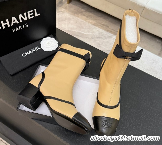 Buy Luxury Chanel Stretch Lambskin Short Boots 5cm with Bow Beige Yellow 2025 G46755 51104023