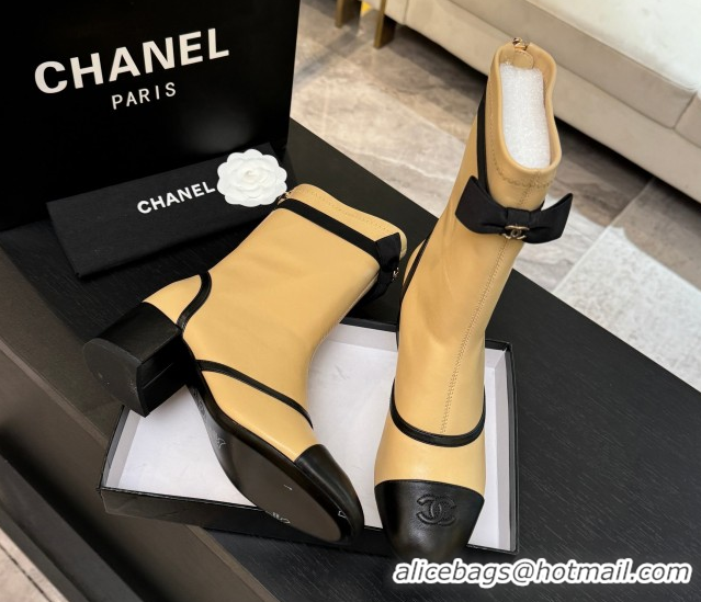 Buy Luxury Chanel Stretch Lambskin Short Boots 5cm with Bow Beige Yellow 2025 G46755 51104023