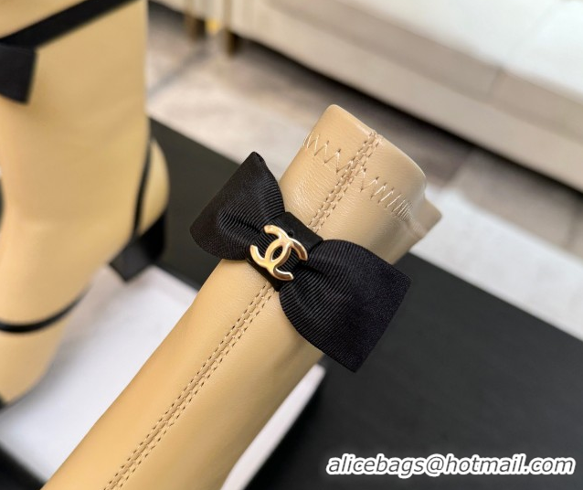 Buy Luxury Chanel Stretch Lambskin Short Boots 5cm with Bow Beige Yellow 2025 G46755 51104023