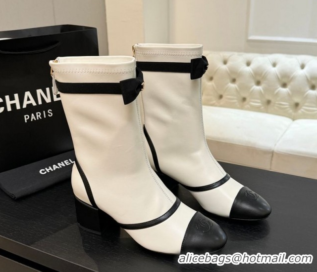 Grade Quality Chanel Stretch Lambskin Short Boots 5cm with Bow White 2025 G46755 1104024