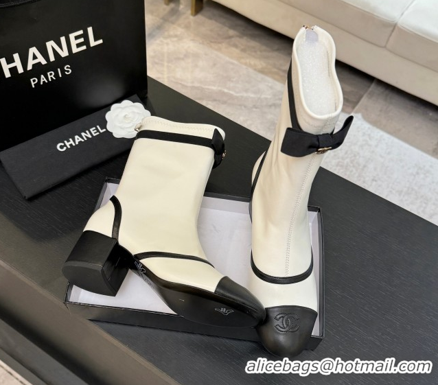 Grade Quality Chanel Stretch Lambskin Short Boots 5cm with Bow White 2025 G46755 1104024