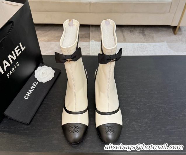 Grade Quality Chanel Stretch Lambskin Short Boots 5cm with Bow White 2025 G46755 1104024