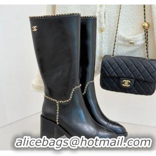 Top Design Chanel Calfskin Leather Heel High Boots with Chain Black 2025 CH110402 1104025