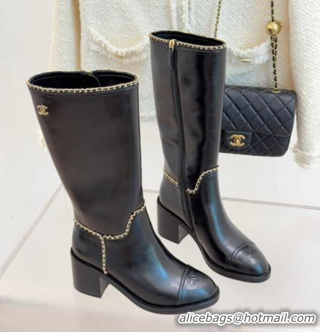 Top Design Chanel Calfskin Leather Heel High Boots with Chain Black 2025 CH110402 1104025