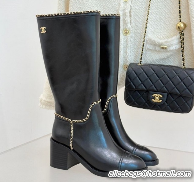 Top Design Chanel Calfskin Leather Heel High Boots with Chain Black 2025 CH110402 1104025
