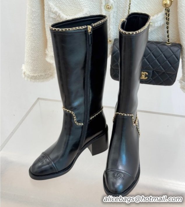 Top Design Chanel Calfskin Leather Heel High Boots with Chain Black 2025 CH110402 1104025