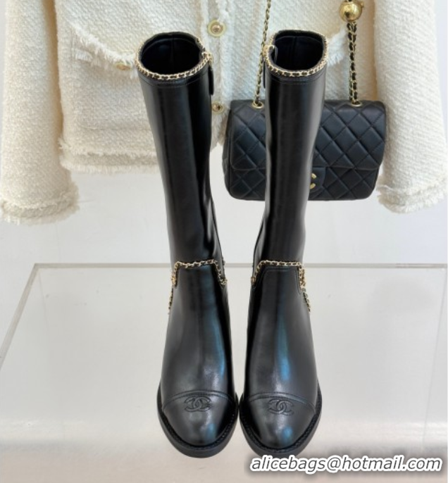 Top Design Chanel Calfskin Leather Heel High Boots with Chain Black 2025 CH110402 1104025