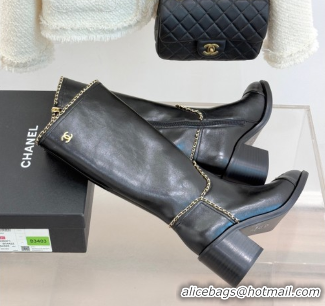 Top Design Chanel Calfskin Leather Heel High Boots with Chain Black 2025 CH110402 1104025