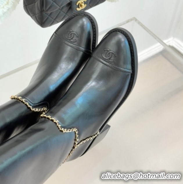 Top Design Chanel Calfskin Leather Heel High Boots with Chain Black 2025 CH110402 1104025