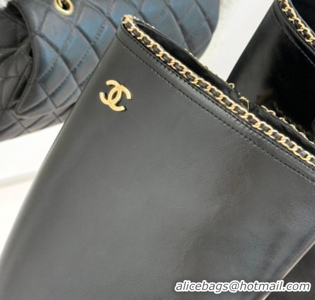 Top Design Chanel Calfskin Leather Heel High Boots with Chain Black 2025 CH110402 1104025