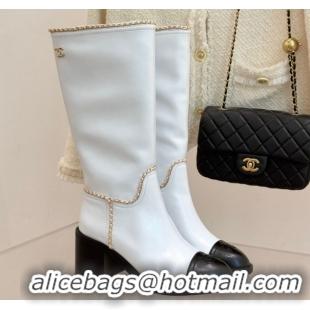 Most Popular Chanel Calfskin Leather Heel High Boots with Chain White 2025 CH110402 1104026