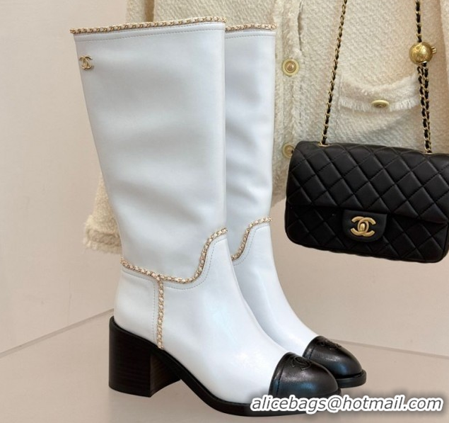 Most Popular Chanel Calfskin Leather Heel High Boots with Chain White 2025 CH110402 1104026
