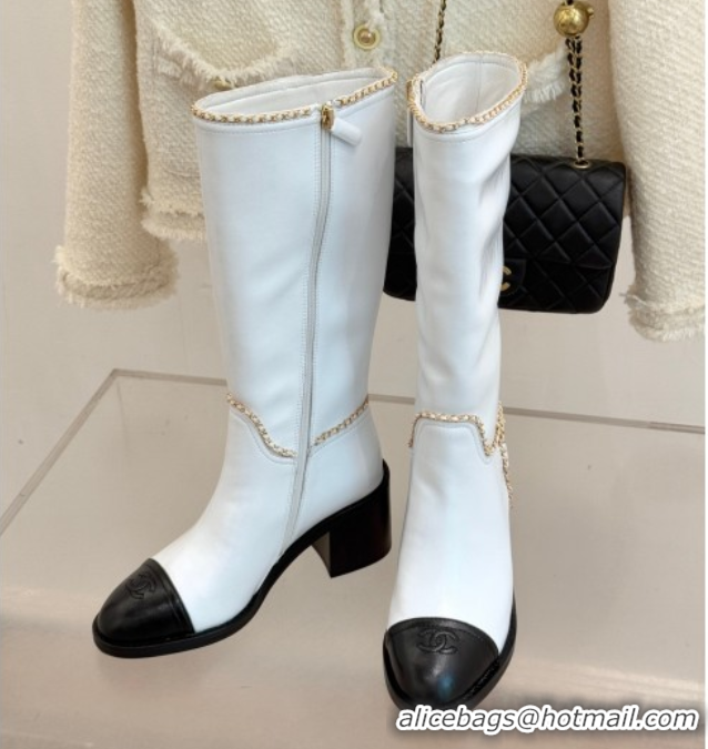 Most Popular Chanel Calfskin Leather Heel High Boots with Chain White 2025 CH110402 1104026