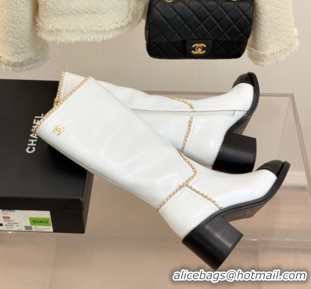 Most Popular Chanel Calfskin Leather Heel High Boots with Chain White 2025 CH110402 1104026