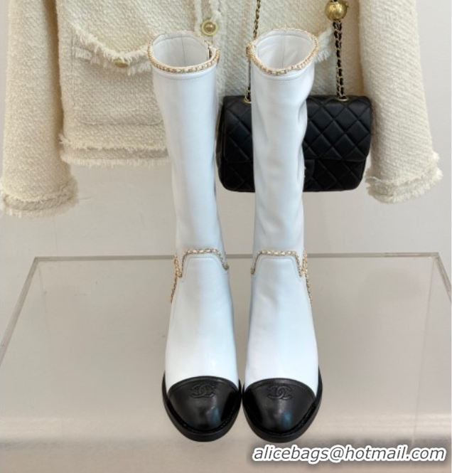 Most Popular Chanel Calfskin Leather Heel High Boots with Chain White 2025 CH110402 1104026