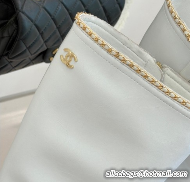 Most Popular Chanel Calfskin Leather Heel High Boots with Chain White 2025 CH110402 1104026