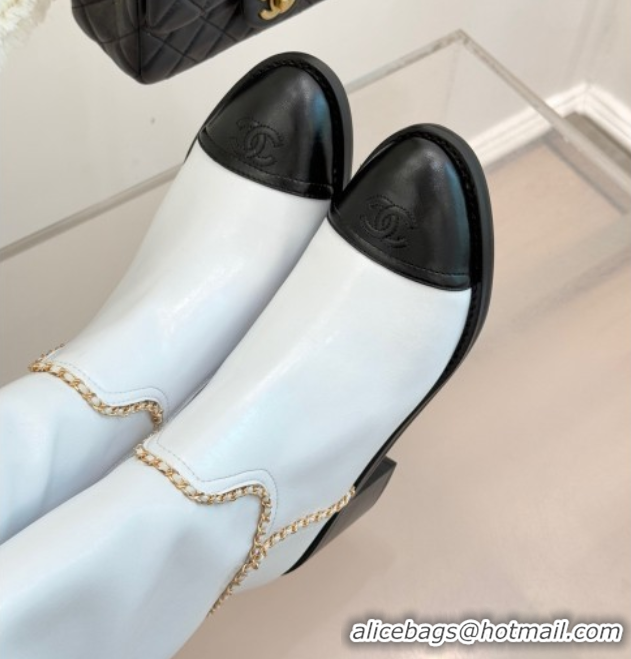 Most Popular Chanel Calfskin Leather Heel High Boots with Chain White 2025 CH110402 1104026
