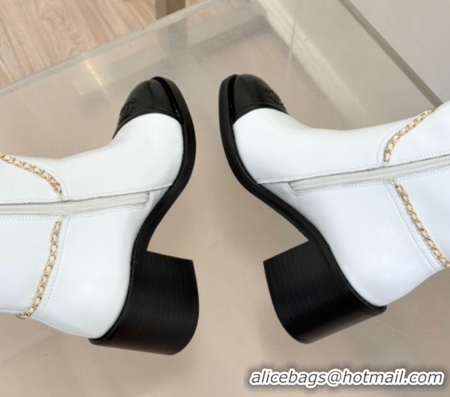 Most Popular Chanel Calfskin Leather Heel High Boots with Chain White 2025 CH110402 1104026