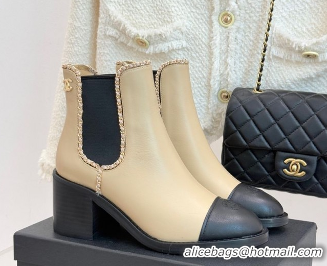 Big Discount Chanel Calfskin Leather Heel Ankle Boots 5cm with Chain Beige CH110402 1104027