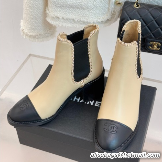 Big Discount Chanel Calfskin Leather Heel Ankle Boots 5cm with Chain Beige CH110402 1104027