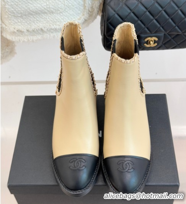 Big Discount Chanel Calfskin Leather Heel Ankle Boots 5cm with Chain Beige CH110402 1104027