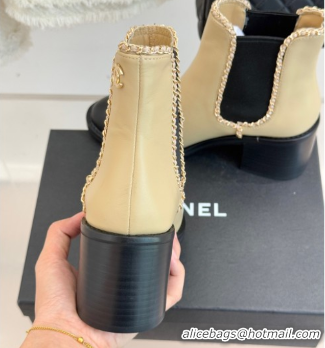 Big Discount Chanel Calfskin Leather Heel Ankle Boots 5cm with Chain Beige CH110402 1104027