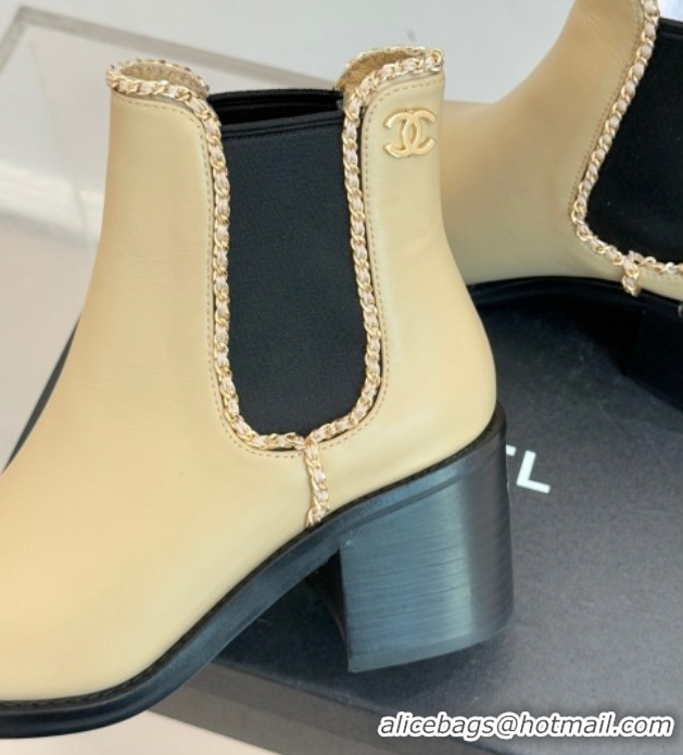 Big Discount Chanel Calfskin Leather Heel Ankle Boots 5cm with Chain Beige CH110402 1104027