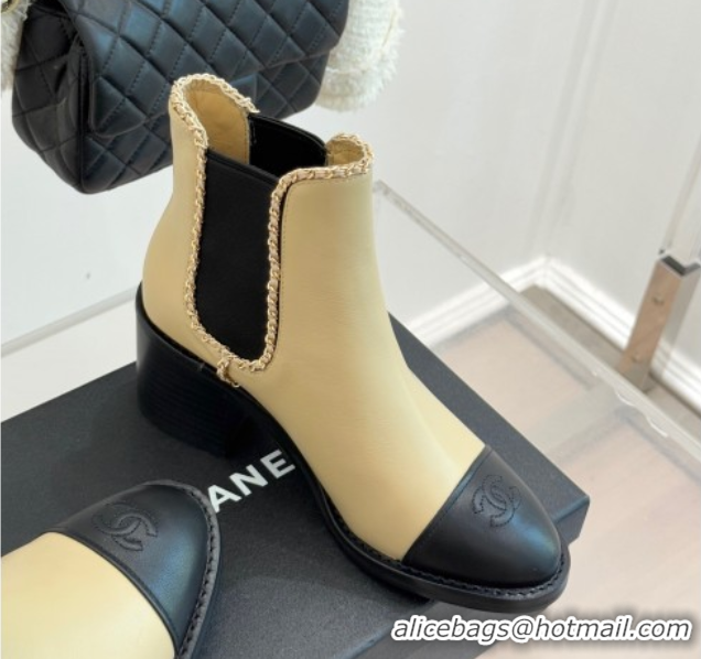 Big Discount Chanel Calfskin Leather Heel Ankle Boots 5cm with Chain Beige CH110402 1104027