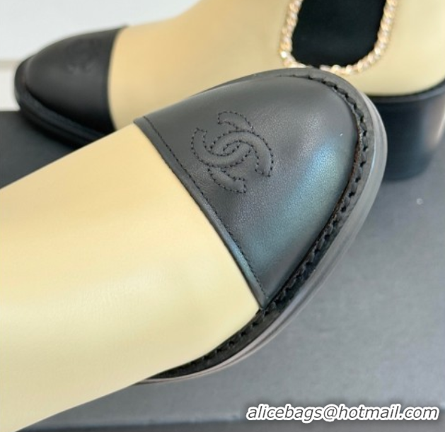 Big Discount Chanel Calfskin Leather Heel Ankle Boots 5cm with Chain Beige CH110402 1104027