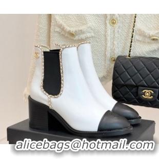 Popular Style Chanel Calfskin Leather Heel Ankle Boots 5cm with Chain White CH110402 1104028