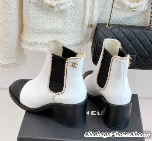 Popular Style Chanel Calfskin Leather Heel Ankle Boots 5cm with Chain White CH110402 1104028