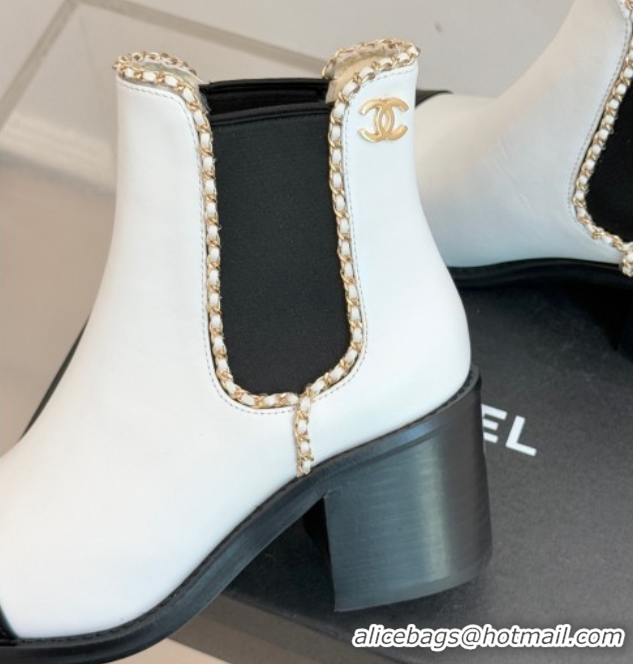 Popular Style Chanel Calfskin Leather Heel Ankle Boots 5cm with Chain White CH110402 1104028